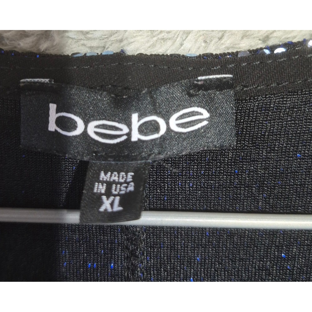Bebe Women Blue Black Sequin Short Sleeve Shift Cocktail Dress XL Made in USA - Picture 3 of 6